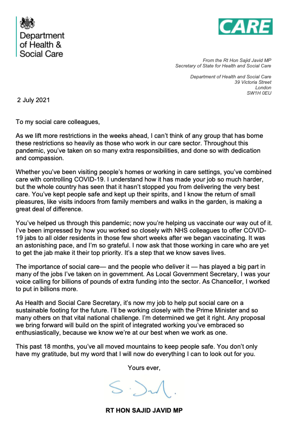 Solo Support Services | Health Minister Thank You Letter